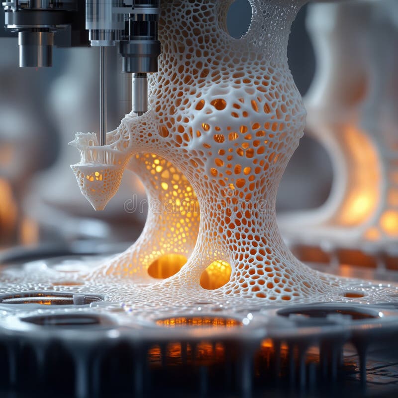 3D printer creating an intricate architectural structure. A 3D printer in action, crafting a detailed and futuristic architectural model with complex shapes and glowing light, symbolizing innovation in design and technology. AI generated