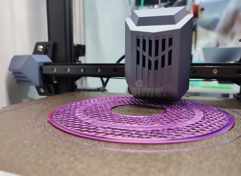 3D printer printing object close-up. Process creating three-dimensional model stock image