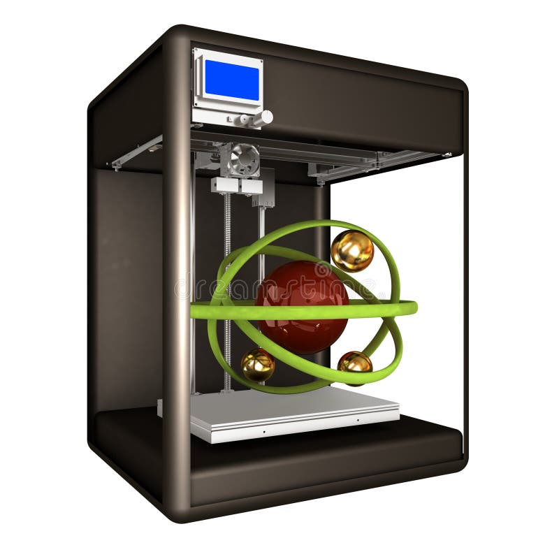 3d printer during work on the atom. Scientific high technology c vector illustration