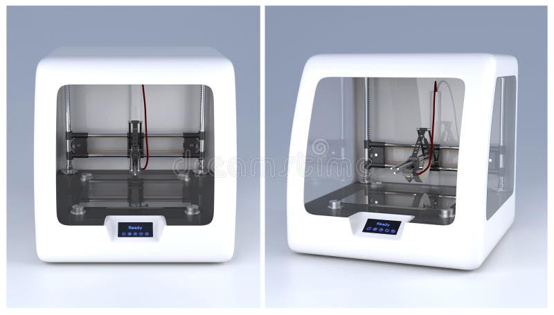 3D printer model. Professional prototype device on grey background. Side view illustartion. New technology, modern industrial equipment, hardware innovation, futuristic idea concept. 3D printer model. Professional prototype device on grey background. Side view illustartion. New technology, modern industrial equipment, hardware innovation, futuristic idea concept.