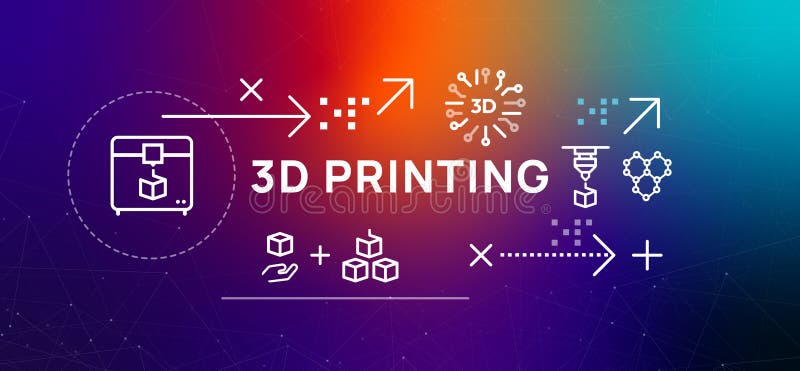 3D Printing additive manufacturing process icons include 3D printer extruder and cubes representing rapid prototyping and digital stock illustration