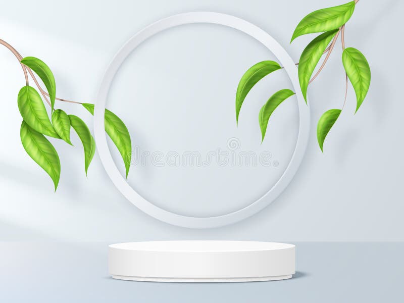 3d product background, cosmetic podium. Minimal nature display or scene, empty stand, platform with leaf, realistic stock illustration