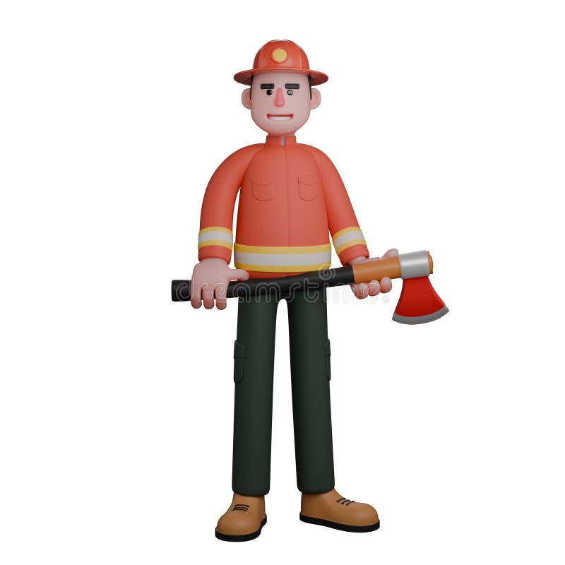 A firefighter stands upright, holding an axe with both hands in front of him royalty free illustration