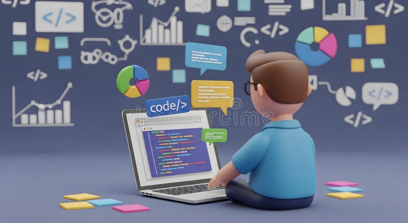 3D Programmier-Zeichencodierung auf Laptop, umgeben von Icons für digitale Entwicklung lizenzfreie abbildung