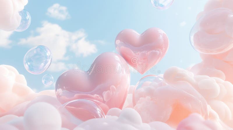 3d Punglande rosa, vita valentinhjärtan som rör sig över blå himmelsblå bakgrund och framkallar en ömtålig romantisk stämning royaltyfri fotografi