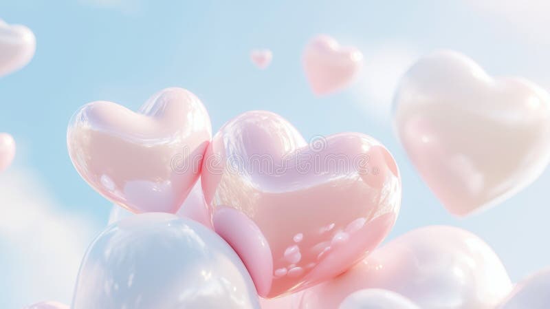 3d Punglande rosa, vita valentinhjärtan som rör sig över blå himmelsblå bakgrund och framkallar en ömtålig romantisk stämning royaltyfri foto