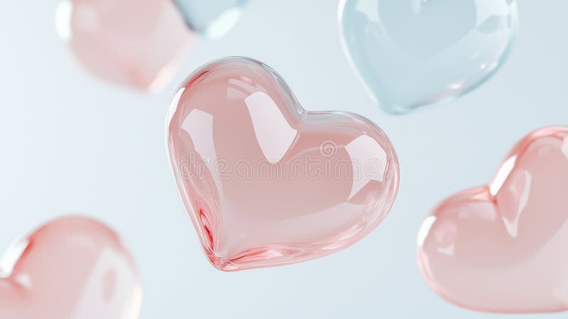 3d Punglande rosa, vita valentinhjärtan som rör sig över blå himmelsblå bakgrund och framkallar en ömtålig romantisk stämning arkivbild