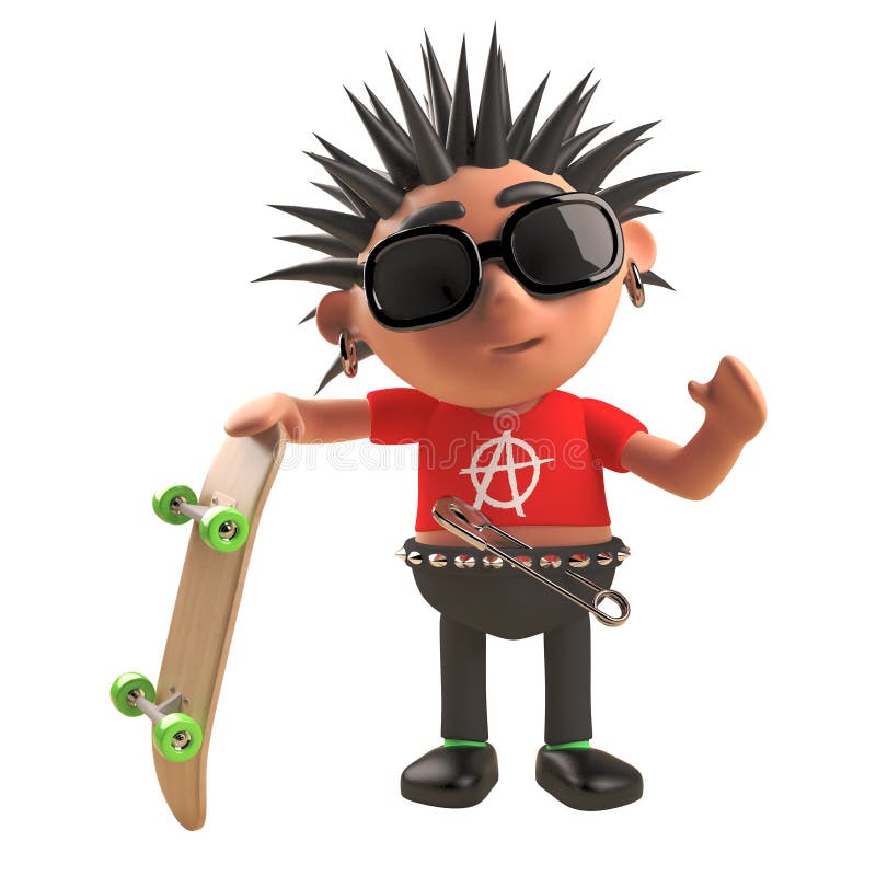 3d punk rock cartoon character holding a skateboard, 3d illustration. 