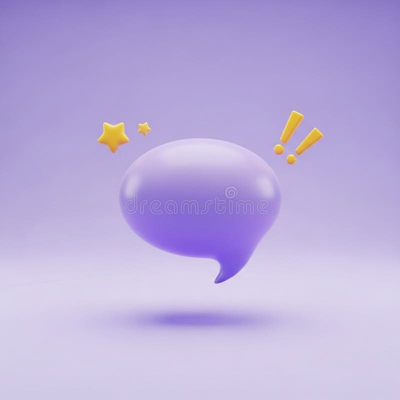 Emoticon showing 3d purple speech bubble with stars and exclamation marks. Announcement emoticon illustrations