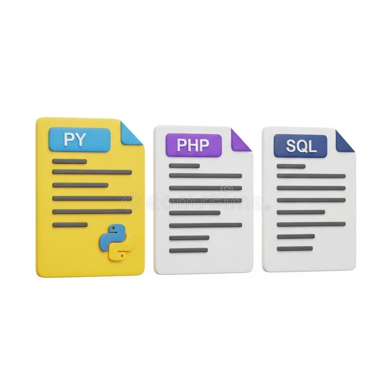 Εικόνα/φωτογραφία 3D εικονιδίων αρχείων Python, PHP και SQL με λογότυπα γλωσσών προγραμματισμού σε λευκό φόντο διανυσματική απεικόνιση