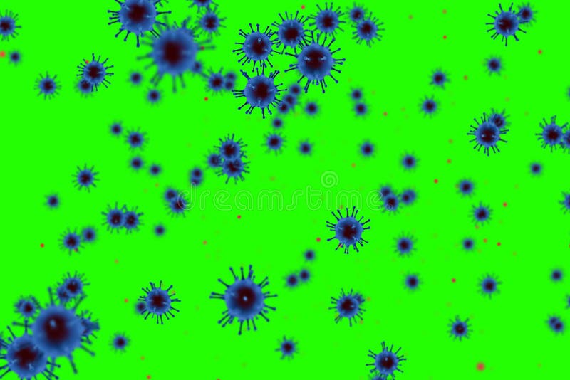 3 d que las células del coronavirus azul coviden 19 gripe que fluye sobre el fondo de la pantalla verde de la llave cromática como ilustración del vector
