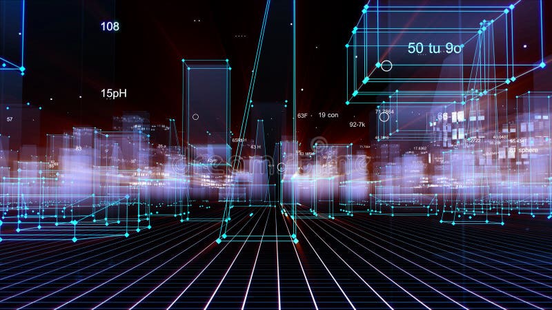 3D que rende o fundo digital tecnologico que consiste em uma cidade futurista com dados ilustração do vetor 3D que rende o fundo digital tecnologico que consiste em uma cidade futurista com dados ilustração do vetor