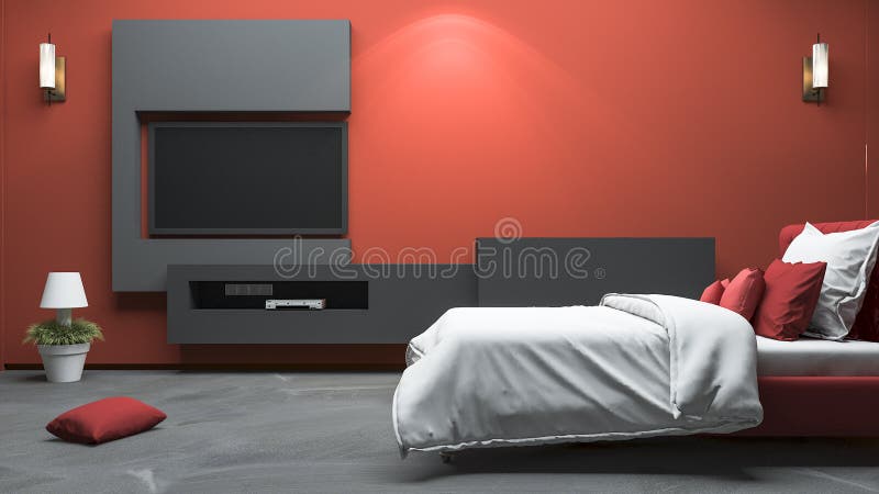 3d que rende o quarto moderno vermelho do estilo com construído no projeto ilustração stock 3d que rende o quarto moderno vermelho do estilo com construído no projeto ilustração stock