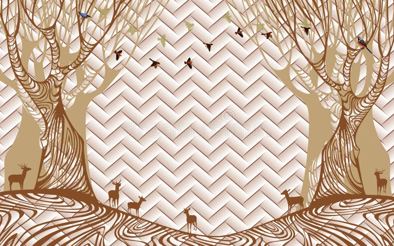3d que rende o sumário mural do mármore do papel de parede com a árvore marrom dourada dos pássaros dos cervos