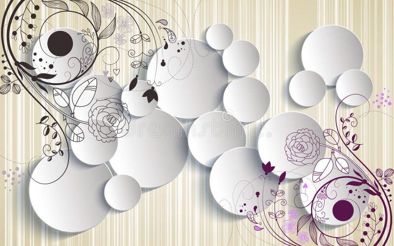 3d que rende o sumário mural do papel de parede com ornamento das flores e a decoração branca dos círculos ilustração do vetor 3d que rende o sumário mural do papel de parede com ornamento das flores e a decoração branca dos círculos ilustração do vetor