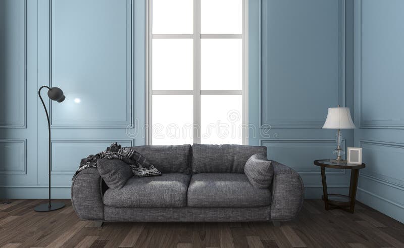 3d que rende a sala de visitas azul bonita com sofá do sótão ilustração royalty free