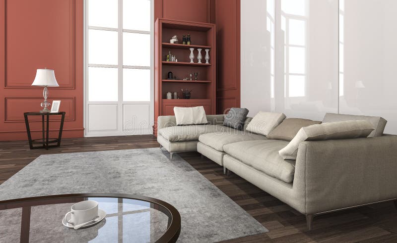 3d que rinde la sala de estar roja clásica con muebles hermosos stock de ilustración 3d que rinde la sala de estar roja clásica con muebles hermosos stock de ilustración