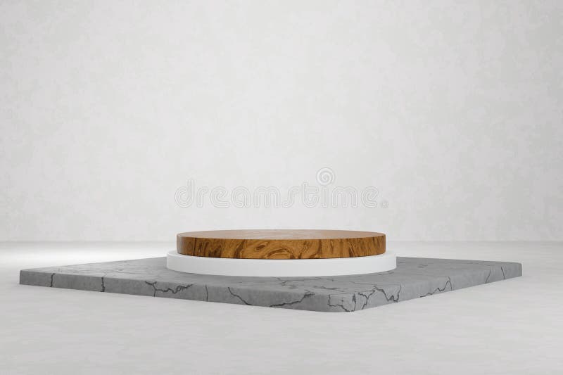 3d rastremazione moderno di un podio di legno di fase di fusione in uno sfondo di calcestruzzo di una stanza royalty illustrazione gratis