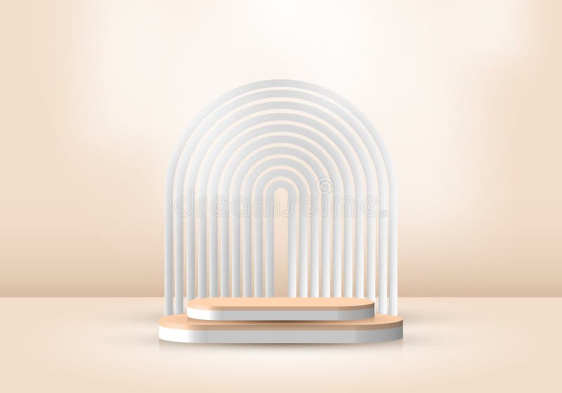 3D realistic abstract minimal scene empty beige color podium studio room with rounded lines backdrop stock illustration