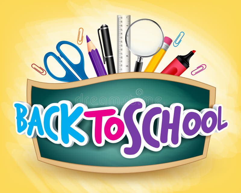 3D Realistic Back to School Title Poster Design in a Blackboard with School Items in a Background. Editable Vector Illustration