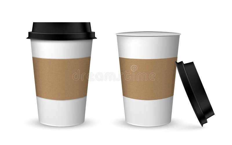 Cappuccino latte americano espresso cocoa in realistic cups. White paper cup isolated on white background vector illustration Cappuccino latte americano espresso cocoa in realistic cups. White paper cup isolated on white background vector illustration
