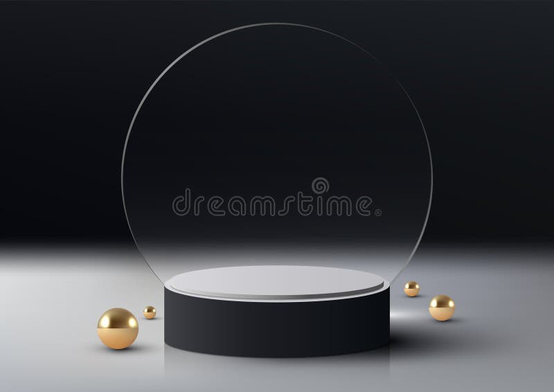 3D realistic empty black and white podium platform with circle transparent glass backdrop decoration golden balls on dark