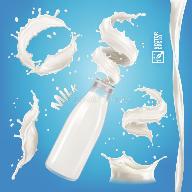 3D realistic isolated vector set, different bursts of milk, yoghurt or cream, transparent bottle with a splash, flowing stock illustration