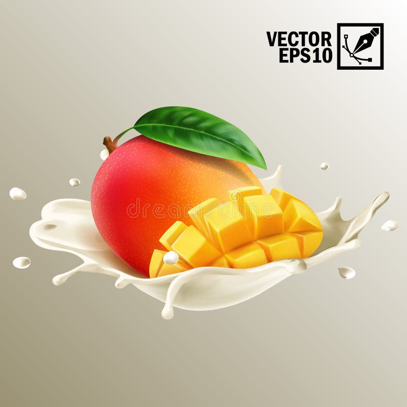 3d realistic isolated vector, splash milk or yogurt whole and slice of mango fruit, editable handmade mesh. Juice splash logo vectors