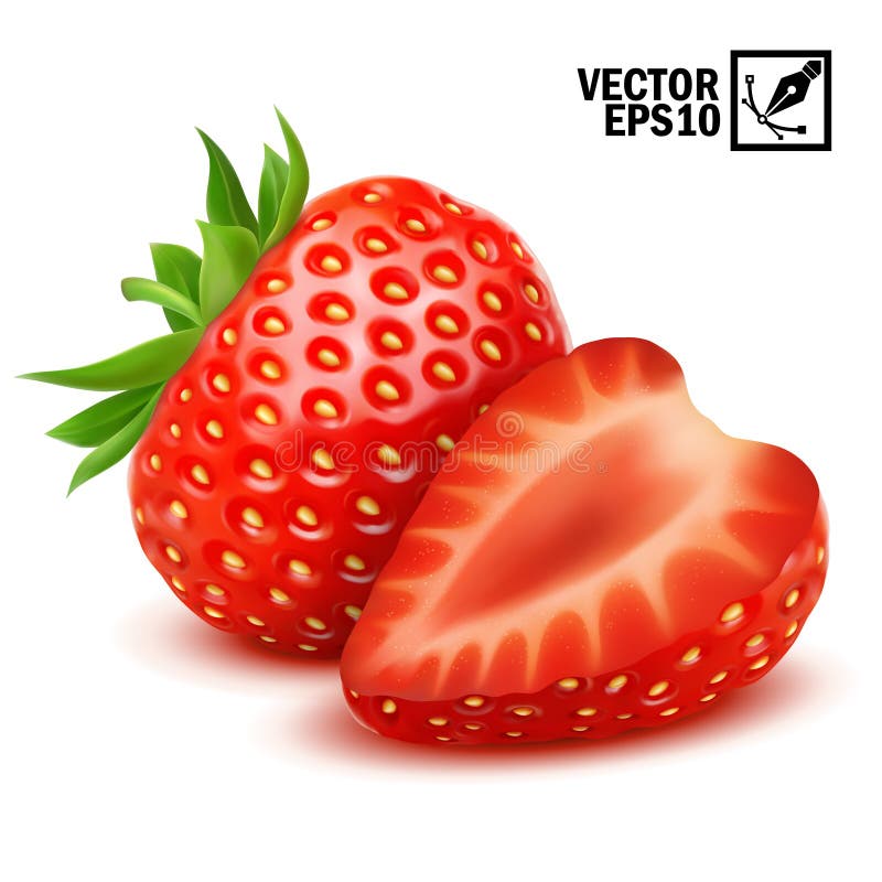 3d Realistic Isolated Vector Whole and Slice of Strawberry, Editable