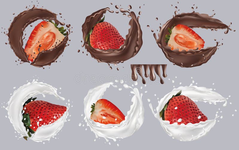 3d Realistic Milk and Chocolate Splash with Strawberry. Collection 