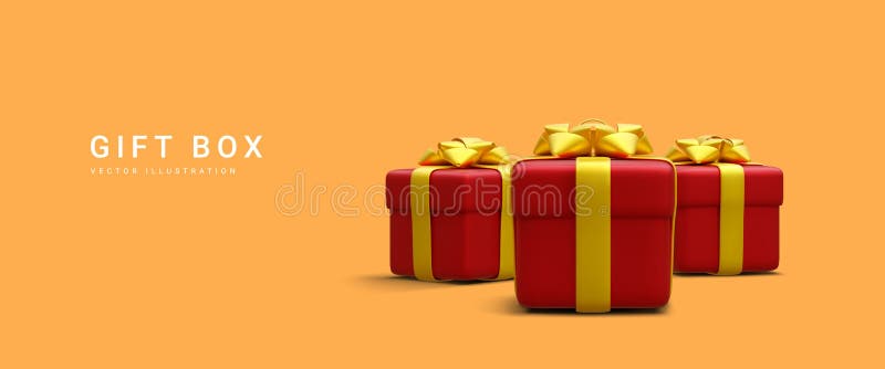 3d realistic pile red gifts boxes with gold ribbon. Decorative festive objects. New Year and Christmas design banner. Vector stock illustration