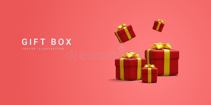 3d realistic pile red gifts boxes with gold ribbon. Decorative festive objects. New Year and Christmas design banner. Vector vector illustration