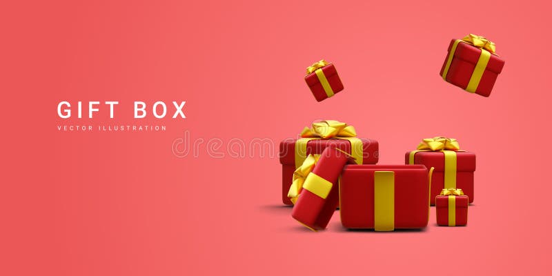 3d realistic pile red gifts boxes with gold ribbon. Decorative festive objects. New Year and Christmas design banner. Vector royalty free illustration