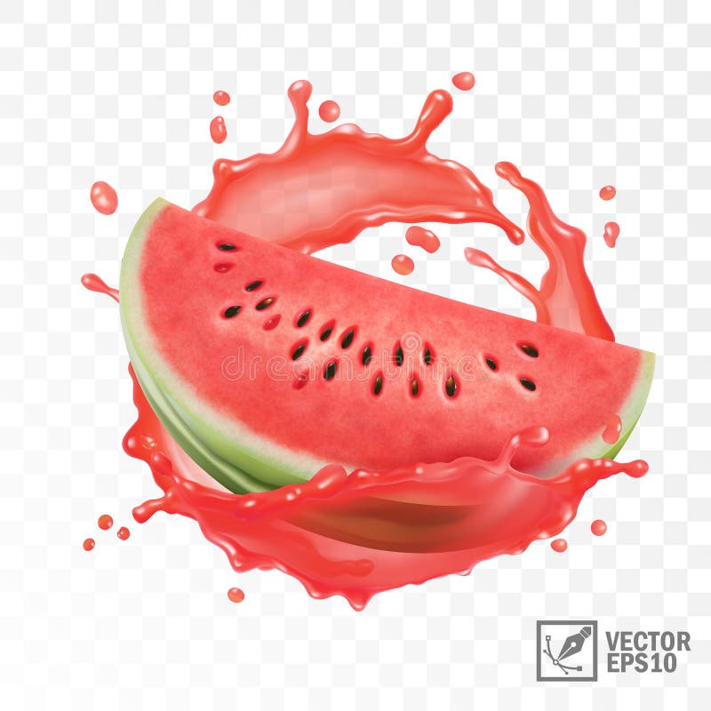 3d realistic transparent isolated vector, half of watermelon in a splash of juice with drops vector illustration