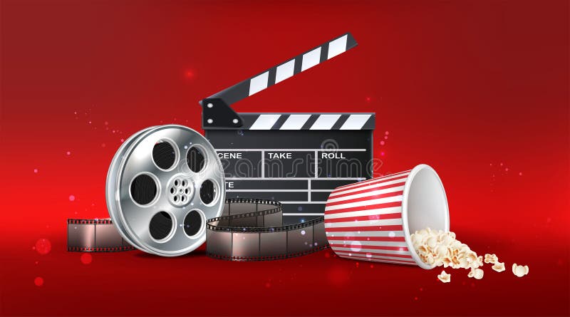 realistic vector icon illustration. Movie night time background. With red bucket of popcorn, movie clap board, movie roll.