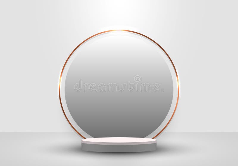 3D realistic white cylinder podium minimal scene and circle and gold border backdrop in clean background vector illustration