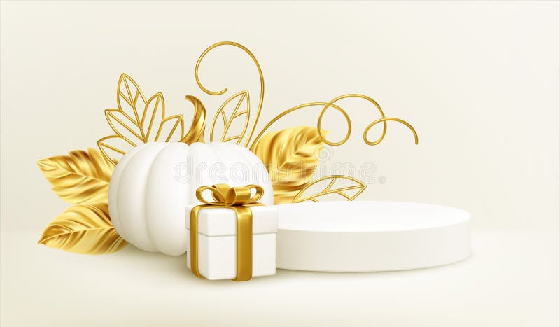 3d realistischer weißer Goldkürbis mit goldenen Blättern Produktpodium und Geschenkkarton isoliert auf weißem Hintergrund vektor abbildung