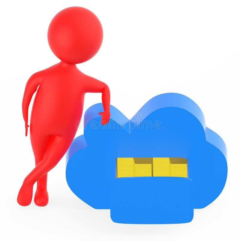 3d red character presenting a opened drawer in a cloud containing arranged stack of folders - cloud storage vector illustration