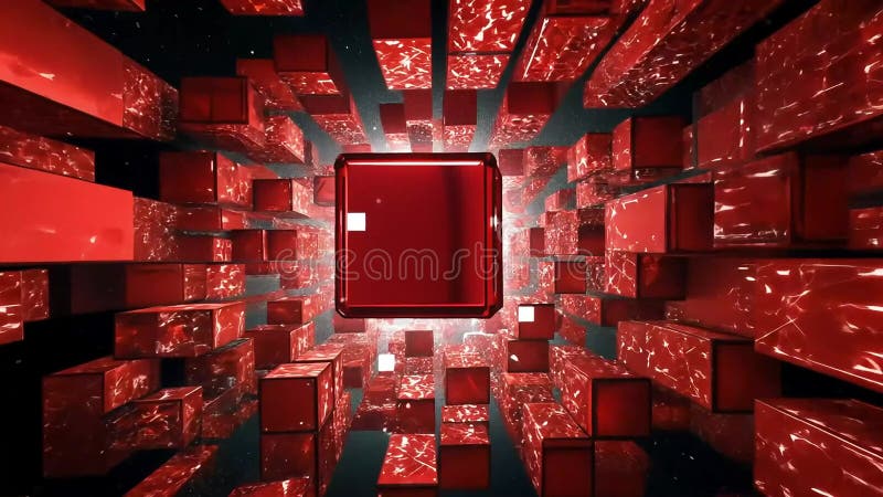3D red cubes tunnel. Shiny blocks converge, creating a dynamic, futuristic abstract space royalty free illustration