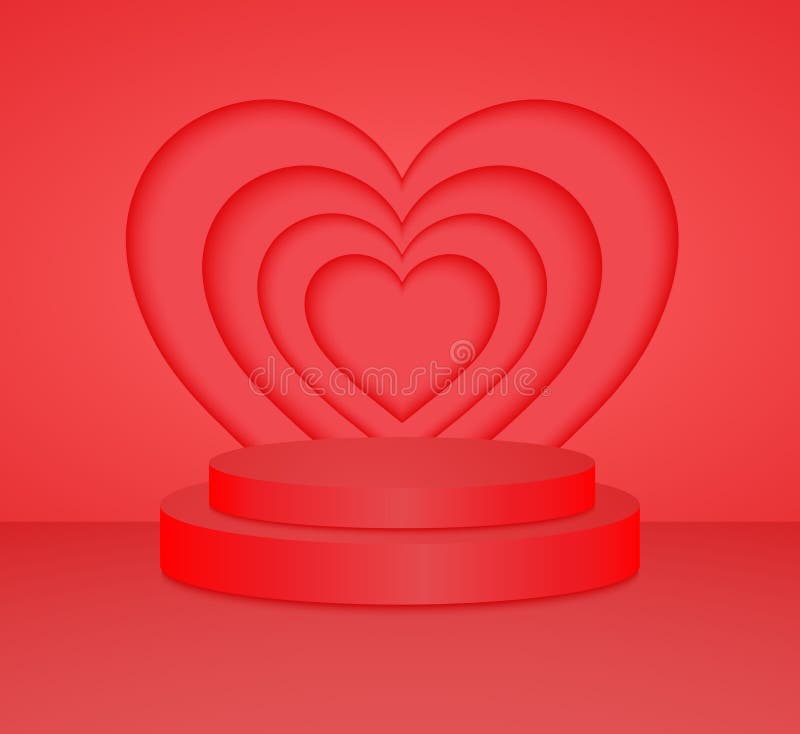 3d red cylinder podium minimal studio heart wall background. Abstract 3d geometric vector illustration