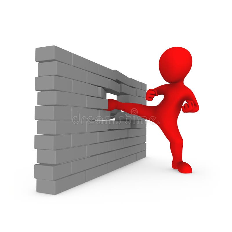 3d Red Man Destroys a Brick Wall with a Kick Stock Illustration Illustration of breaking