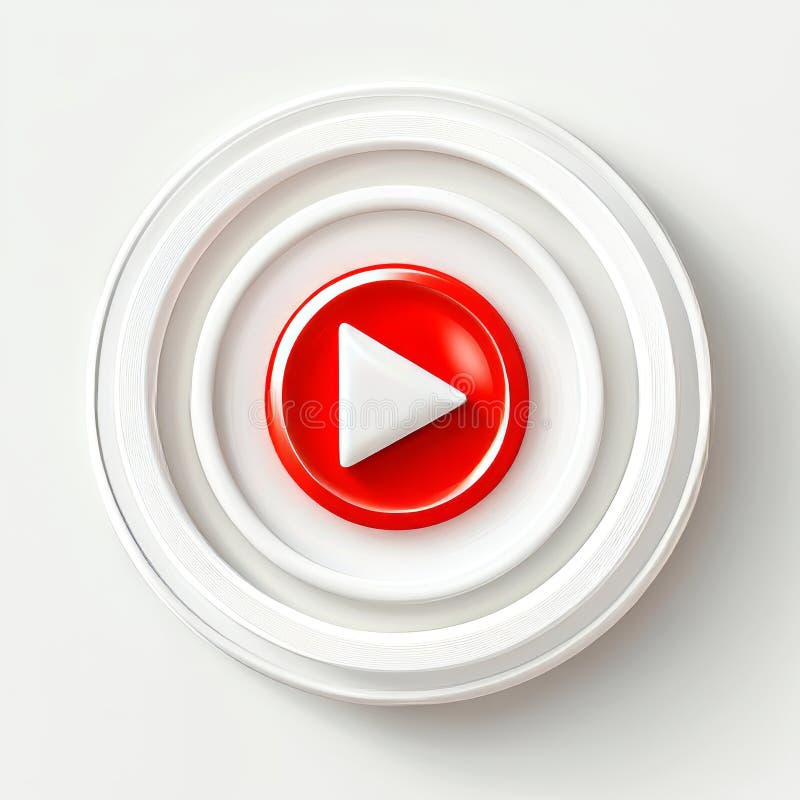 A 3D red play button is shown from the top, isolated against a white background royalty free stock photography