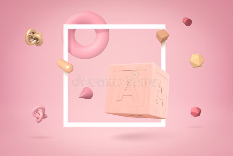 3d redarea cadrului alb pătrat pătrat negru roz roz roz roz și diferite obiecte geometrice plutind aici și acolo stock image