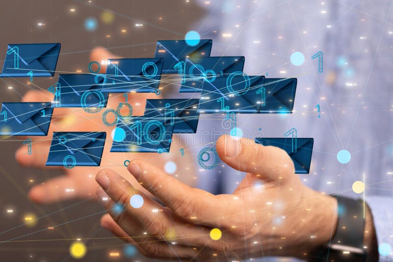 3d redarea pictogramelor de e-mail albastru în inbox plutind pe mâna unui om de afaceri royalty free stock image