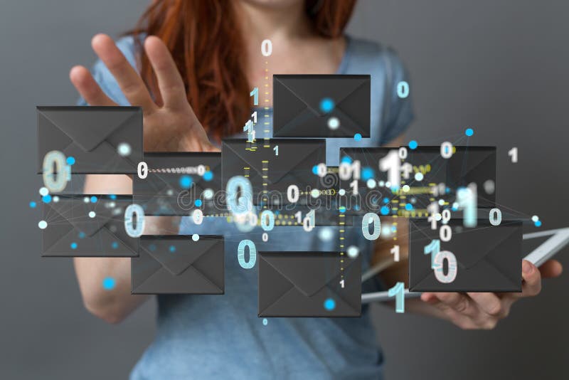 3d redarea pictogramelor de e-mail flotante într-un concept de comunicare între femei și bărbați stock image