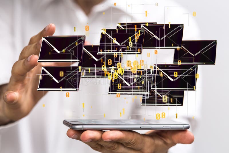 3d redarea pictogramelor de e-mail identice care plutesc într-un concept de comunicare smartphone royalty free stock image