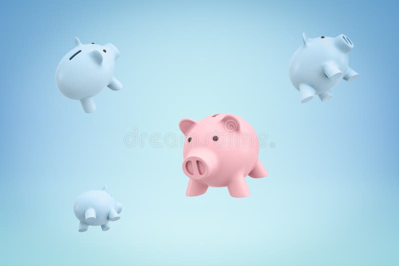 3d redarea unei banci roz de purceluș plutind în aer și a trei bancuri de purcei albaștri lumină plutind în spatele unui albastru royalty free stock photo