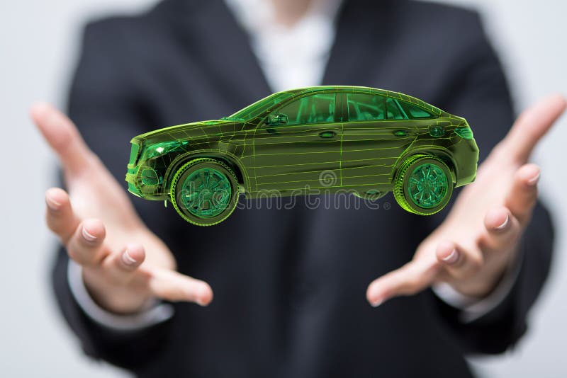 3d redarea unei mașini holografice plutitoare inteligente într-o mână de om de afaceri vector illustration