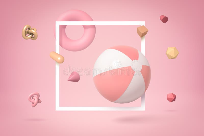 3d redarea unei mingi de plajă roz și alb, în dungi, plutind prin cadru alb pătrat pe fond roz, cu o mulțime de stock photos