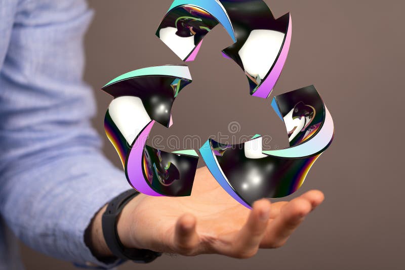 3d redarea unei pictograme de reciclare flotantă pe o mână de lucru royalty free stock image